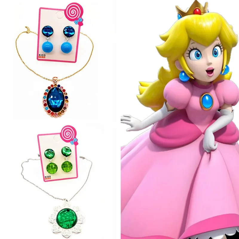 Super Mario Bros Peach Princess Necklaces Girls Cartoon Jewelry Ear Clip Bracelets Baby Earrings Accessories Kids Jewelry Gifts