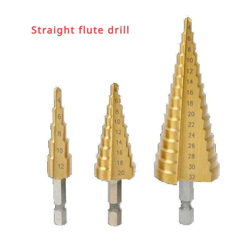 Imagem -03 - Hss Hex Titanium Coated Step Cone Broca Buraco Metal Madeira Cortador Ferramenta 412 mm 420 mm 4-22 mm 432 mm Universal Chuck Adapter