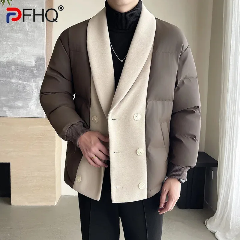 PFHQ 2024 Winter Fake Two-piece Spliced Men Cotton Jacket Patchwork Contrast Color Double Breast Male Tops Fashion 21Z7014