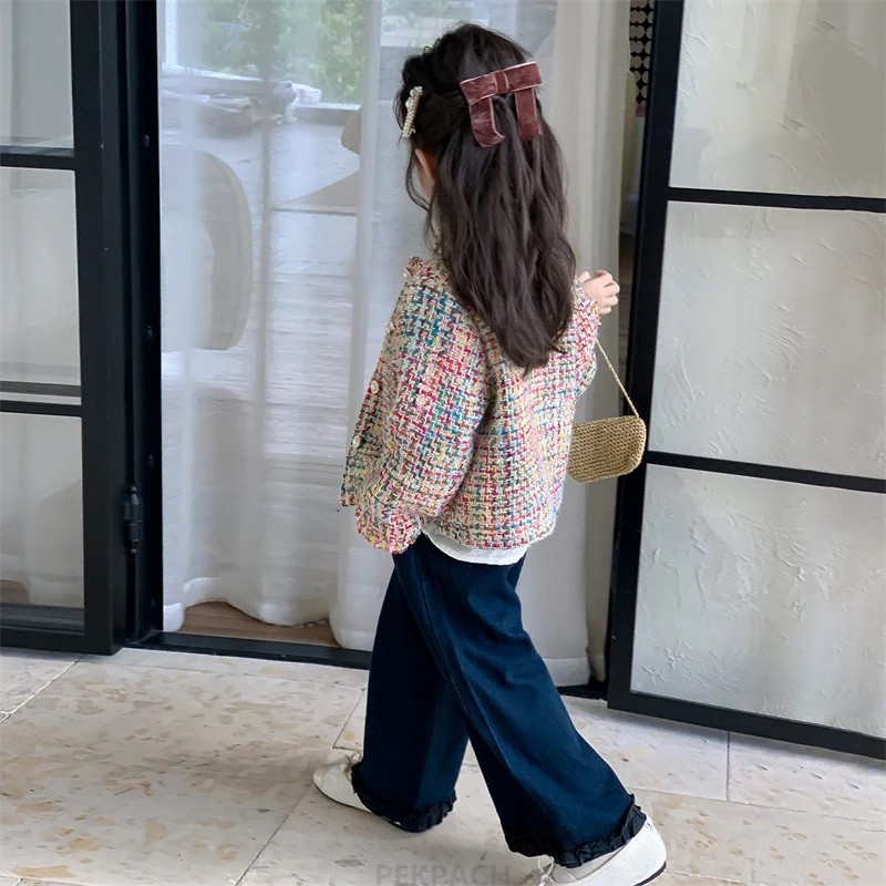 Luxury Designers Baby Kids Cropped Tweed Jacket with Button for Girls High Fashion Streetwear Korean Child Spring Autumn Coat