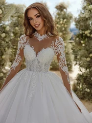 Elegant Silky Organza Ball Gown Wedding Dresses Beading Pearls Embroidery Applique High Collar Full Sleeves Bridal Skirts