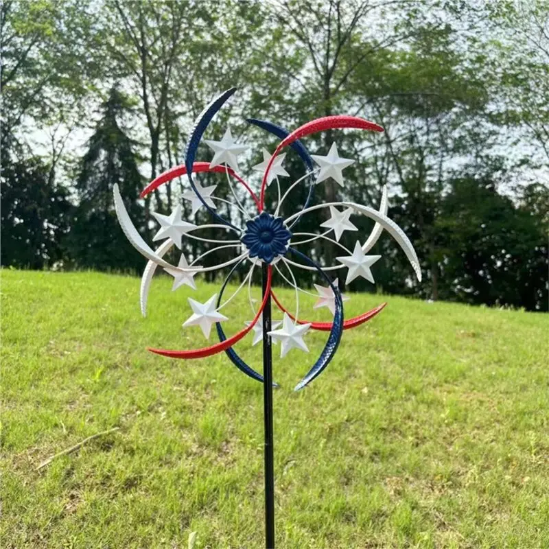 Wind Spinners In Metal, Sunflower Windmill, Red White Blue Outdoor Garden Decor