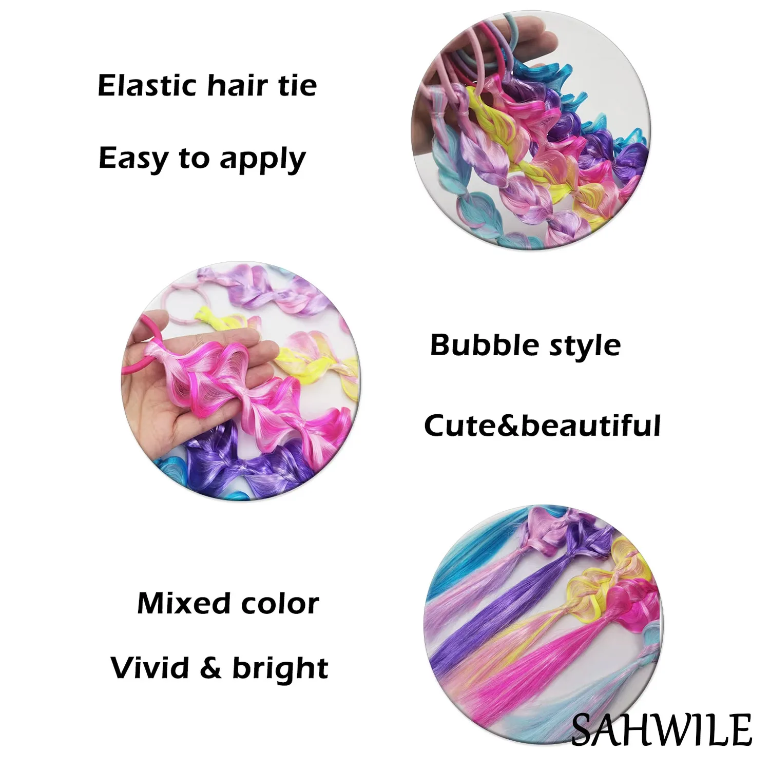 Synthetische 6er-Pack geflochtene Haarverlängerungen, bunte vorgefertigte Pferdeschwanz-Haarteile mit Gummibändern, synthetische Haaraccessoires für Kinder – Detail 2