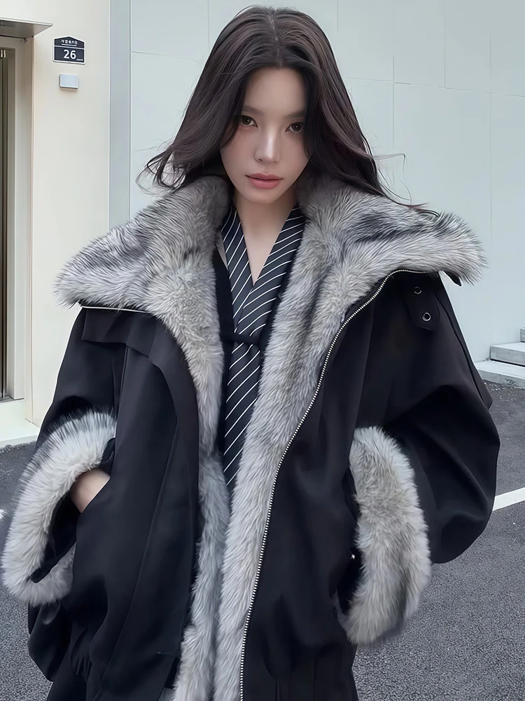 YERMORA Black Plush Zipper Pocket Warm Casual Jacket For Women Lapel Long Sleeve Loose New Coat Fashoin Tide Autumn Winter 2026