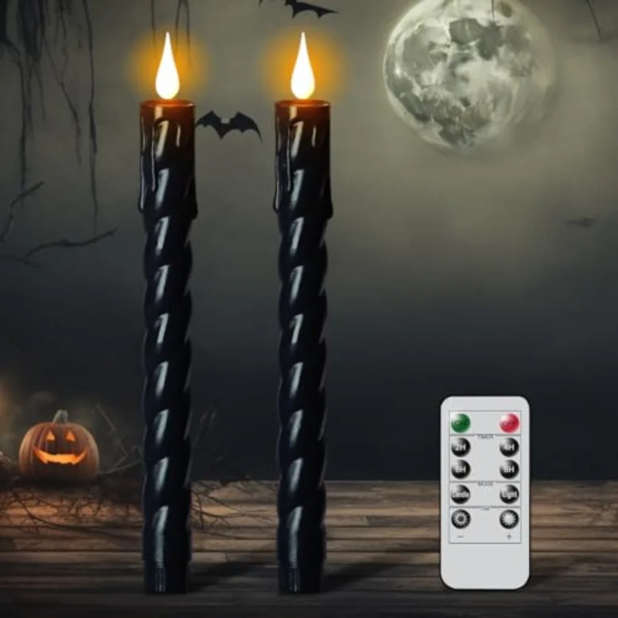 Plastic Flameless Taper Candles with Remote and Timer, Black Spiral Taper Candles Battery Operated Flickering Flame Lights Life