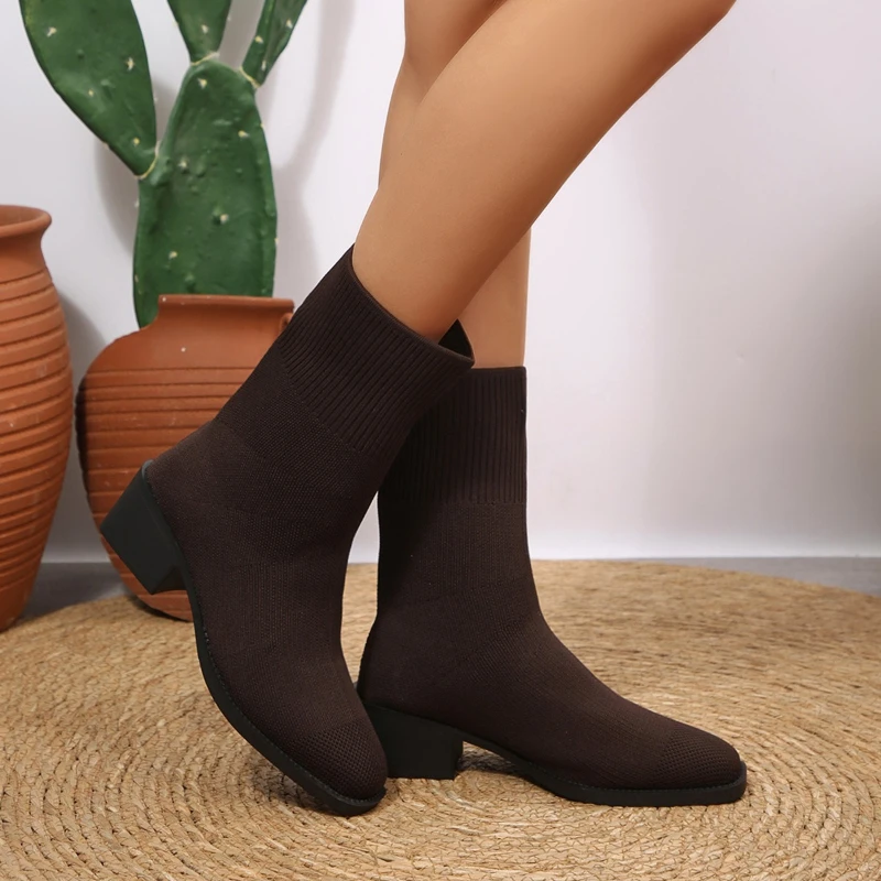 Large size slim women's mid heeled short boots spring autumn knitted women's single boots pointed toe thick heels women's shoes view 6