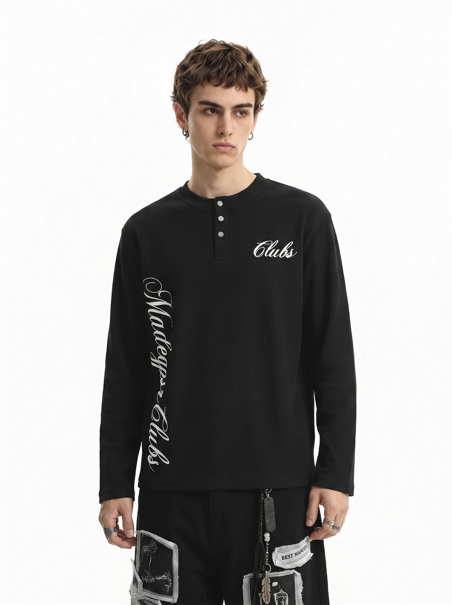 BETEBULE American High Street Printed Henry Collar Long Sleeve T-Shirt Men's Autumn Lightweight Short Wide Top Youth Fashion
