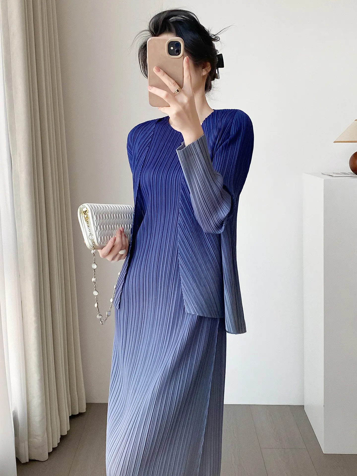 Three Piece Pleated Set Gradient Color Open Cardigan Sleeveless Dress Spring Commute Elegant Fashion Two Piece Set Women Summer