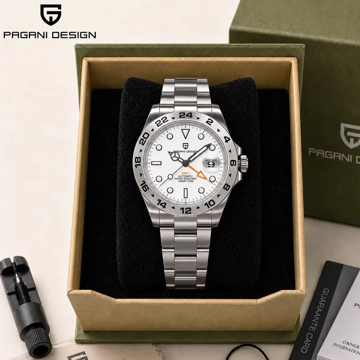 PAGANI DESIGN PD-1682 Men's GMT Automatic Watch Sapphire 42MM White Dial Black Rubber Strap Mechanical Wristwatch Reloj Hombre