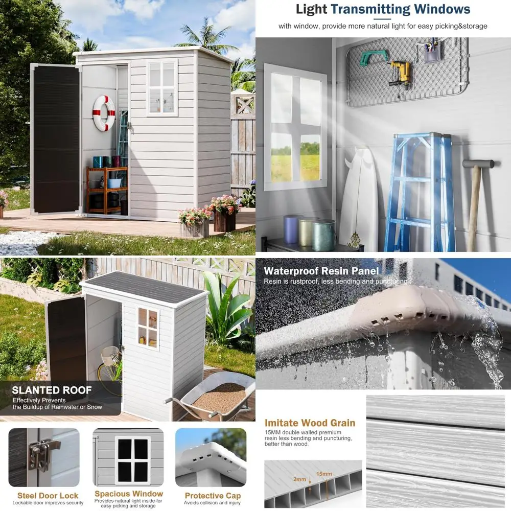 

Gray Outdoor Waterproof Plastic Storage Shed Kit with Floor for Garden, Yard, and Pool Tools