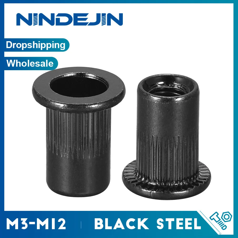 NINDEJIN 10/20pcs Flat Head Rivnut Black Zinc Plated Carbon Steel M3 M4 M5 M6 M8 M10 M12 Knurled Rivet Nut Threaded Insert Nuts