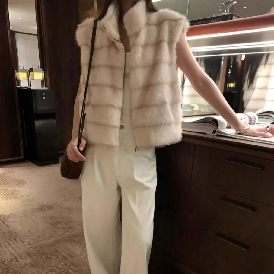 

Autumn Winter Thiened Faux Fur Zipper Vest Women's Faionable Retro Versatile Cotton Lined Warm Outerwear Korean Sle