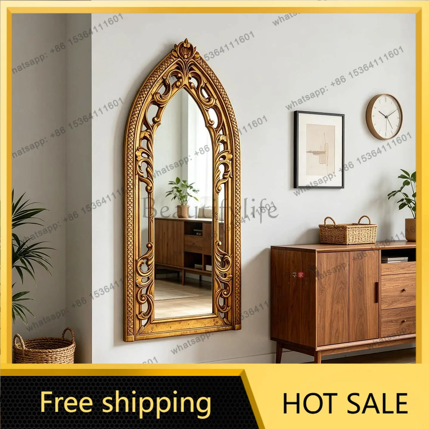 YJ European Carved Irregular Full‑Length Mirror Palace Style Unit For Living Villa French Retro Dressing Home Decor
