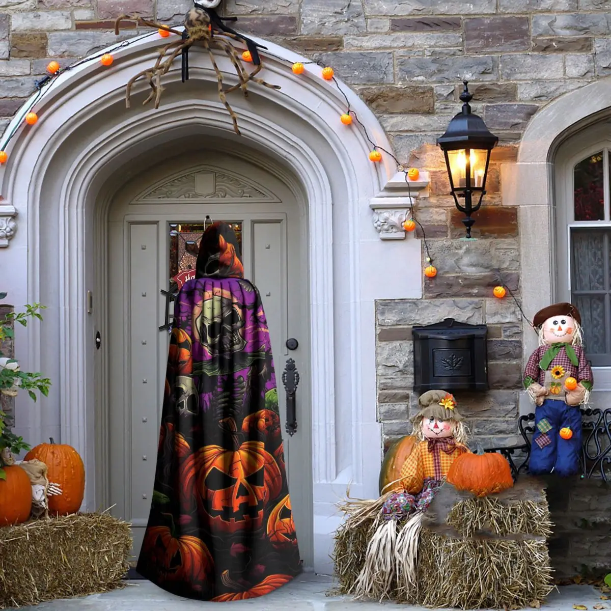 할로윈 해골과 십자뼈와 호박 긴 후드 망토 마녀 중세 의상 코스프레 케이프 할로윈 파티 성인 유니섹스