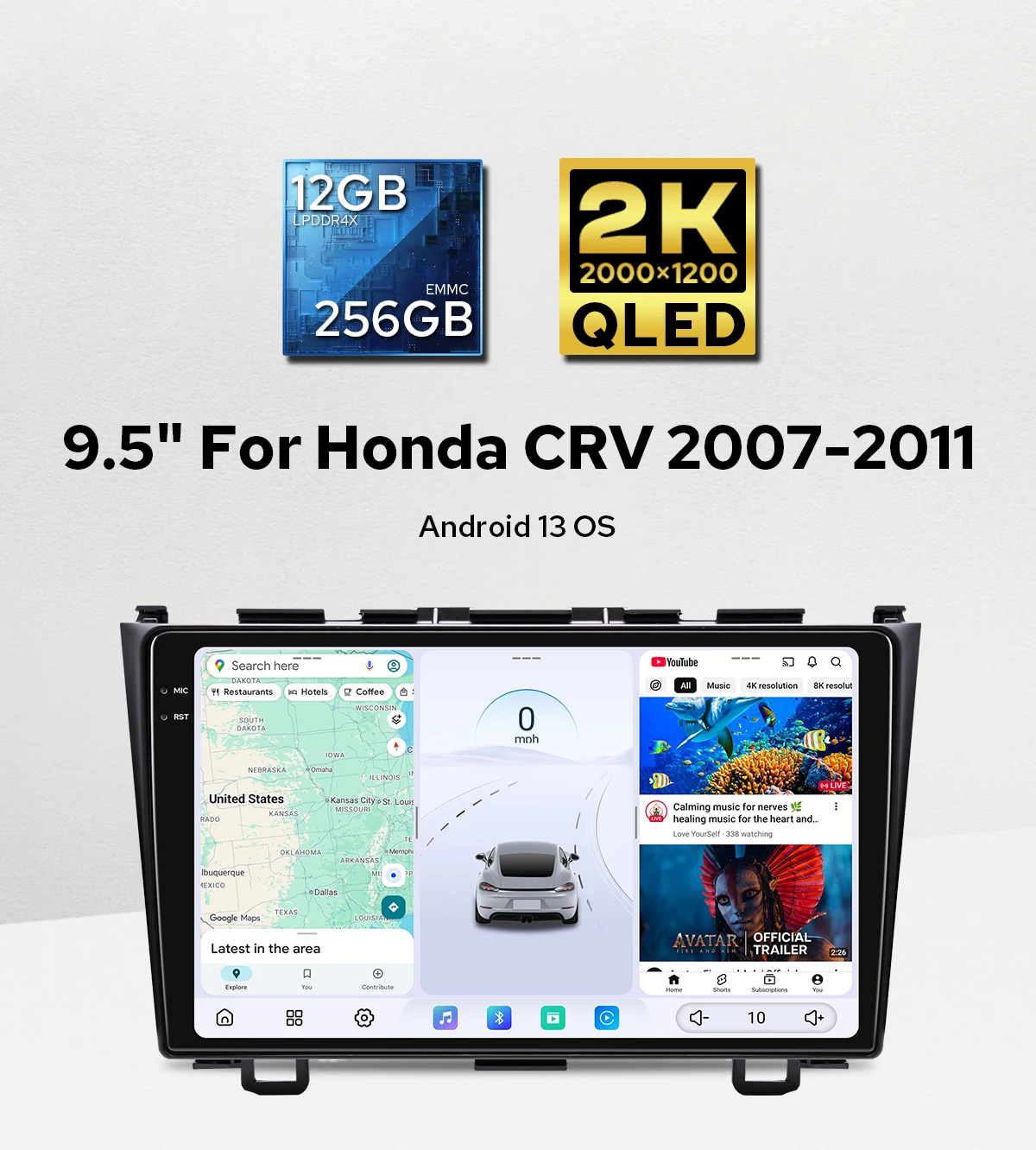 Premium 2k qled 9.5 polegadas android carro estéreo navegação gps 12gb 256gb para honda crv CR-V 2007-2011 com carplay duplo bluetooth