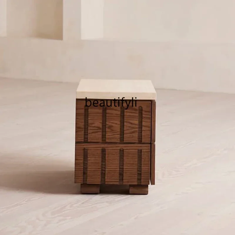 

53Wabi Sansan wind solid wood bedside table small apartment living room bedroom natural travertine storage locker simple