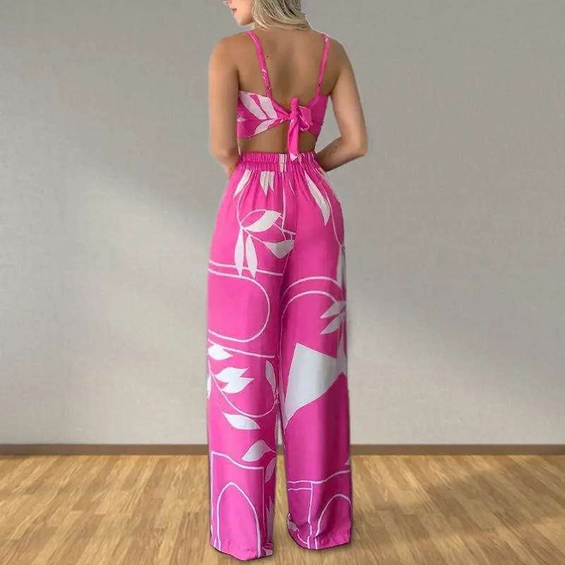 Conjuntos de dos piezas de moda Sexy para mujer, Top con espalda descubierta, pantalones de pierna ancha estampados de cintura alta, traje de playa, ropa de mujer 2025