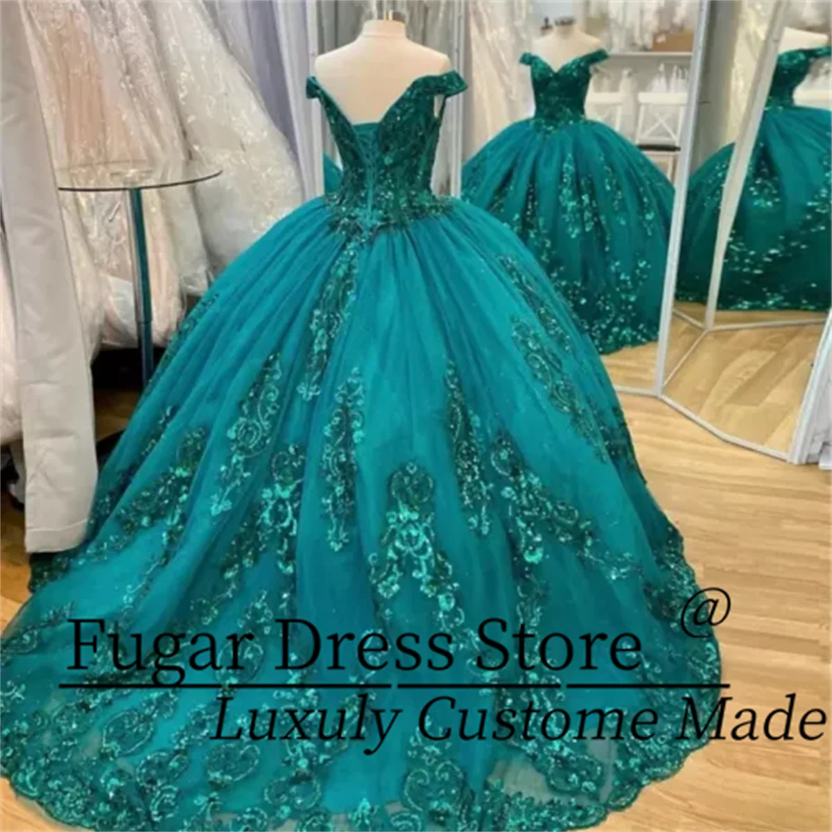 Fashion Emerald Green Quinceanera Dresses Elegant Sequin lace decal Sweet 16 Girl Princess Ball Gown Prom vestidos para niñas