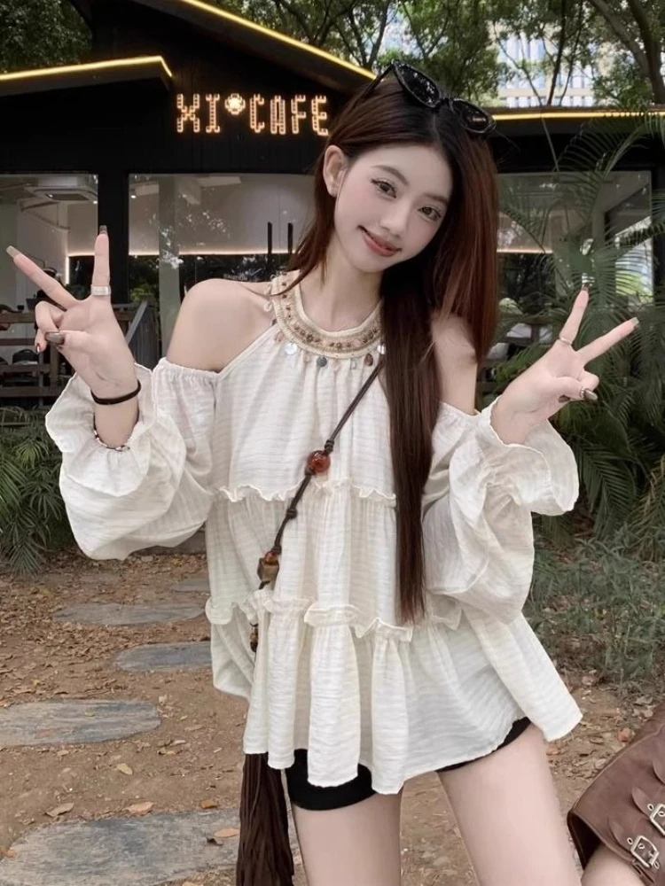 

Off Shoulder Women's Shirt And Blouse Full Long Sleeve Cool Beautiful In Promotions Vintage Promotion Halter Neck Female Tops