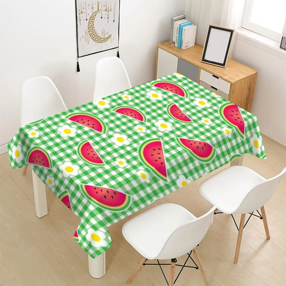 Watermelon Tablecloth, Green Gingham Watermelon Slice Daisy Print, Washable Table Cover, Summer Dining Room Home Decor