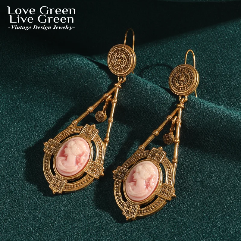 

Vintage Pink Cameo Drop Earring Relief Beauty Head Elegant For Women Antique Gold Color Accessories Luxury Jewelry Designers