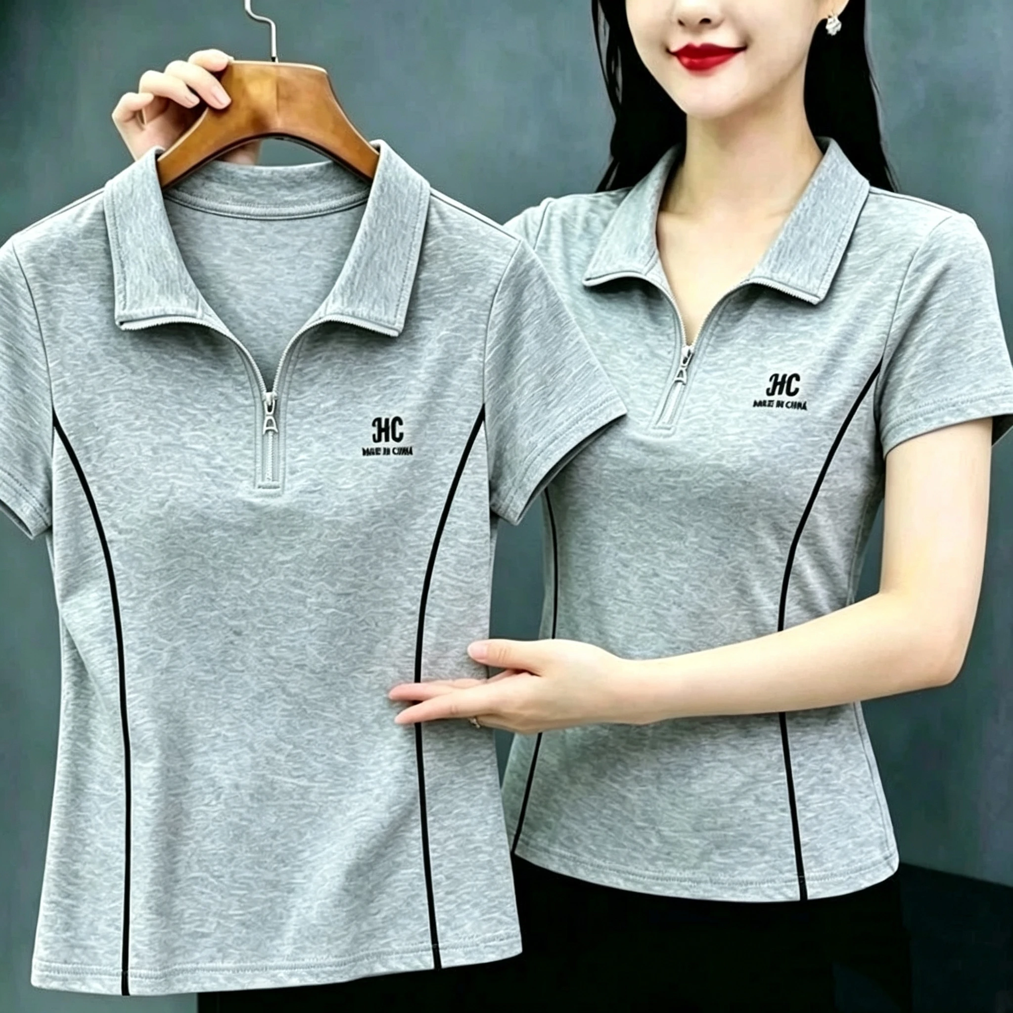 Green Black Grey Three Color Options Women's Collared Half Zip T-Shirt Slimming Sporty Casual Versatile Short Sleeve Polyester