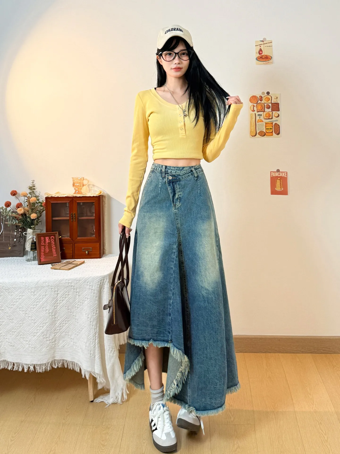 Retro Asymmetrical Denim  Skirt Women's Summer High Waist Design Sensation Frayed A-Line Midi Skirt Casual Style