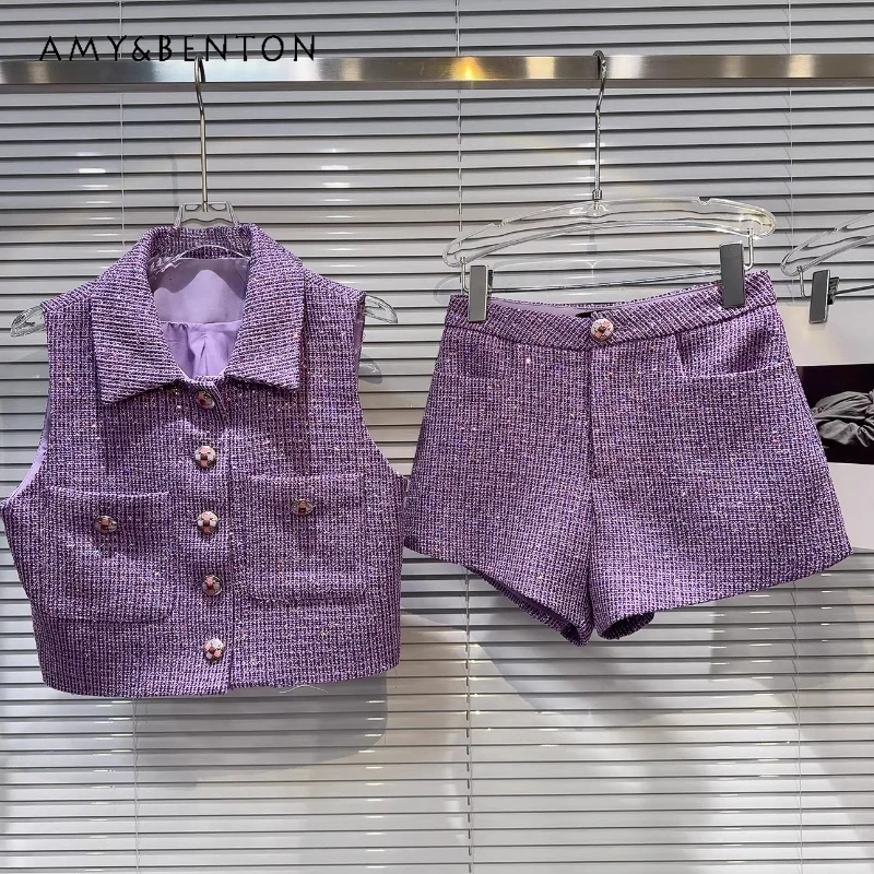 

2026 New Korean Style Purple Tweed Women's 2 Piece Set Sleeveless Lapel Vest High Waist Shorts Elegant Sequin Casual Sets Ladies