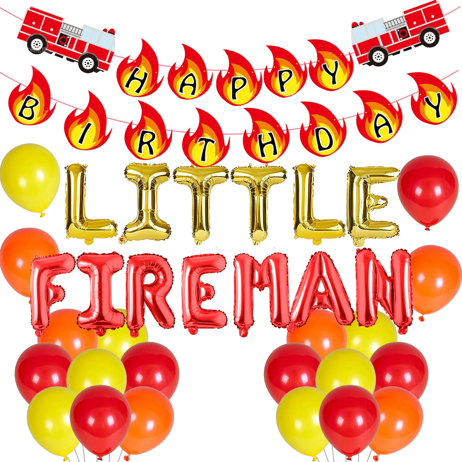 Fire Truck Theme Birthday Decorations Kit, Little Fireman Foil Balloons, Banner, Red, Orange, Yellow, Latex Set for Boy