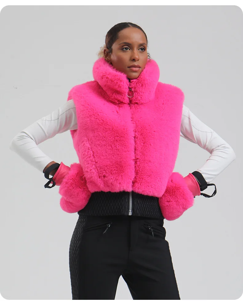 GSOU SNOW Damen Flauschige Kunstfell-Weste Mantel Skijacke Ärmellose Reißverschluss-Weste Winter Tägliche Warme Outdoor-Sportweste – Detail 10