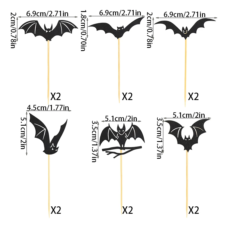 12Pcs Black Bat Cake Topper Halloween Cupcake Accessories Halloween Decorations Home Haunted House Festival Party Supplies