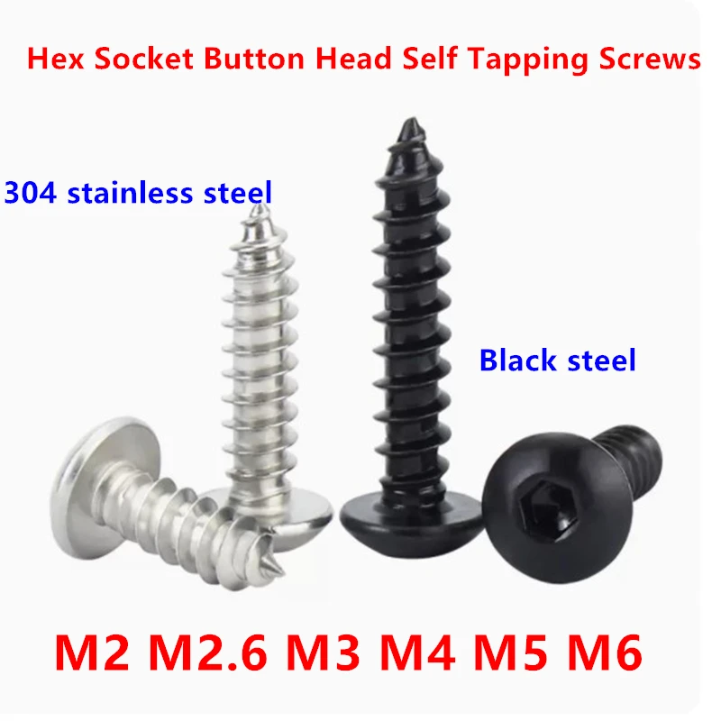M2 M2.6 M3 M4 M5M6 Hex Socket Button Head Self Tapping Screws 304 Stainless Steel Black Round Head Allen self-tapping Wood Screw