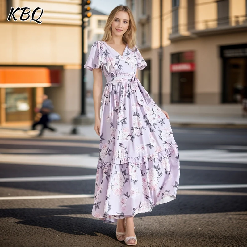 

KBQ Hit Color Printing Elegant Dresses For Women V Nevk Puff Sleeve High Waist Patchwork Lace Up Temperament Dress Female Style