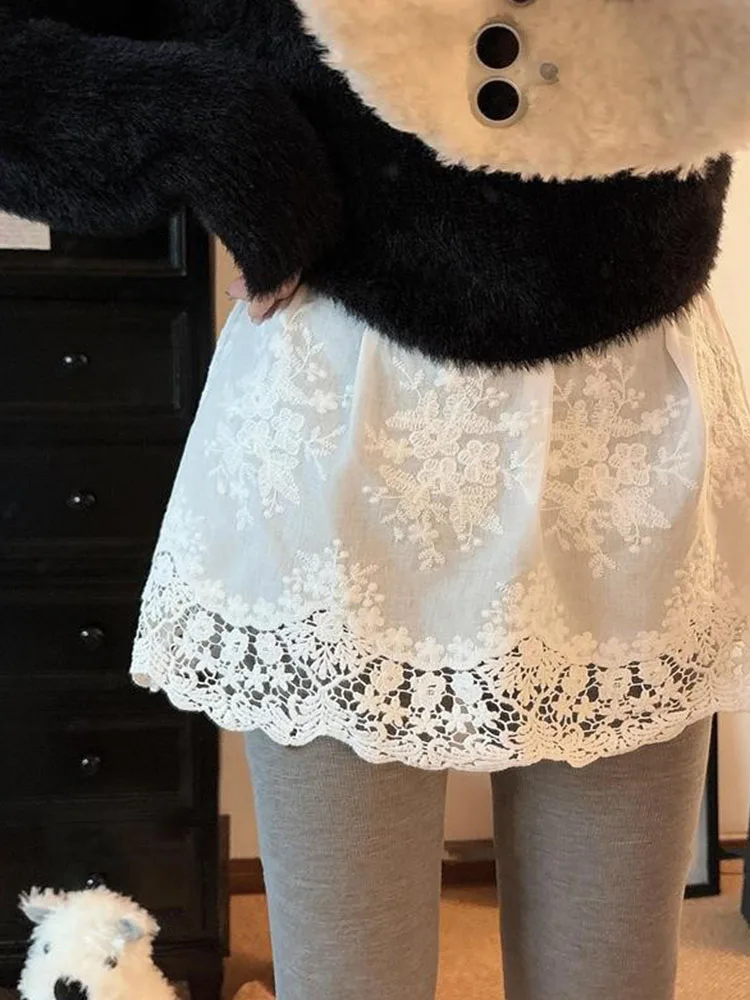 White Lace Trim Butt Curtain Women's Autumn Winter Sweatshirt Base Layering Tool Half Skirt Butt Covering High Waist A-Line S...