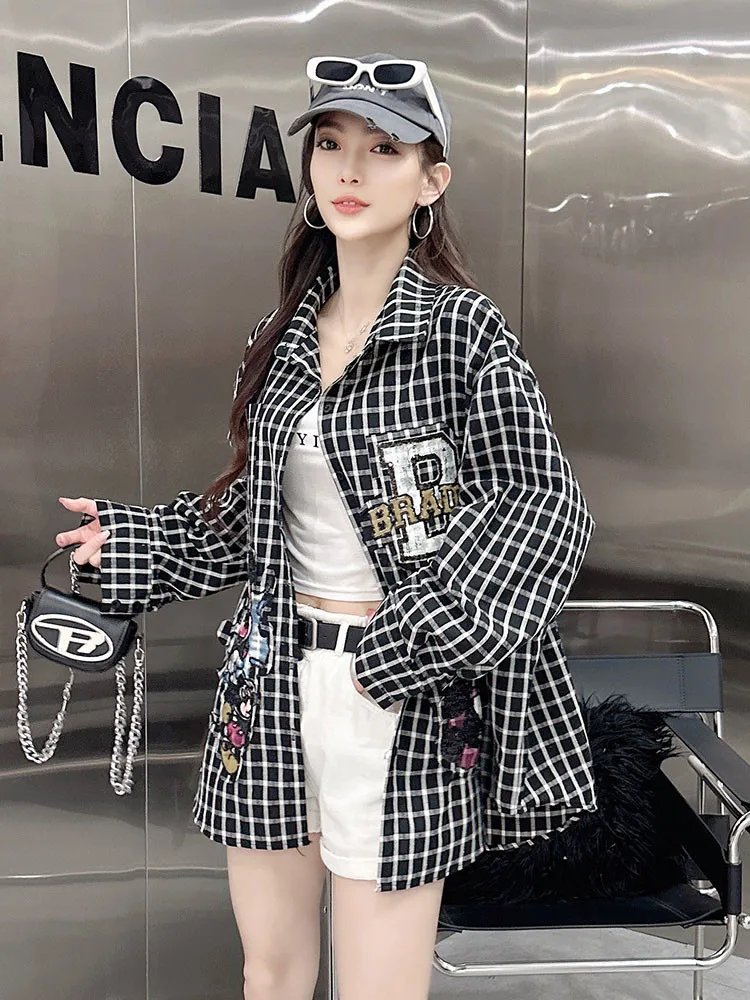 

Briti Sle Plaid Loose Women's irt Cartoon Street Sle Collar Long Sve Mid-Length Casual Faionable Top