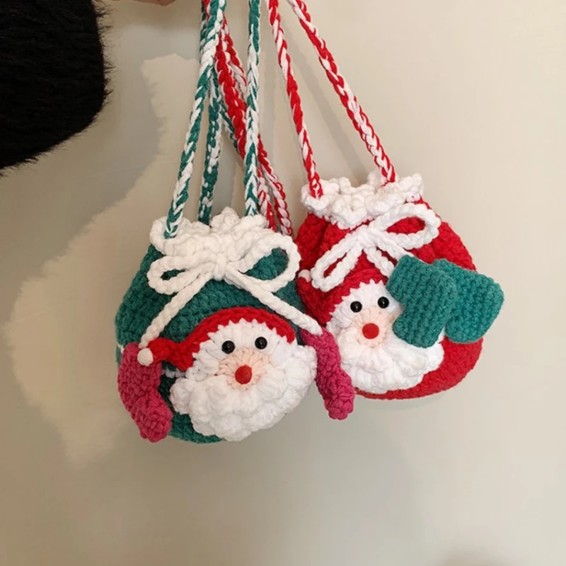 Winter Cute Color Cute Mini Shoulder Bag Premium Sense Niche Bucket Crossbody Bag Contrasting Knitted Santa Claus Gift Youth Bag