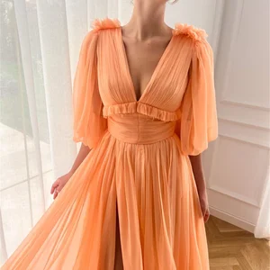 Kleider Bella Orange Tulle Prom, V -Neck, Hochzeitskleiderlinie A, elegante halbe Wellen, hohe Seitenabteilung auf den Boden 8 Hauptverkäufe Laranja Abschlusskleid - №6