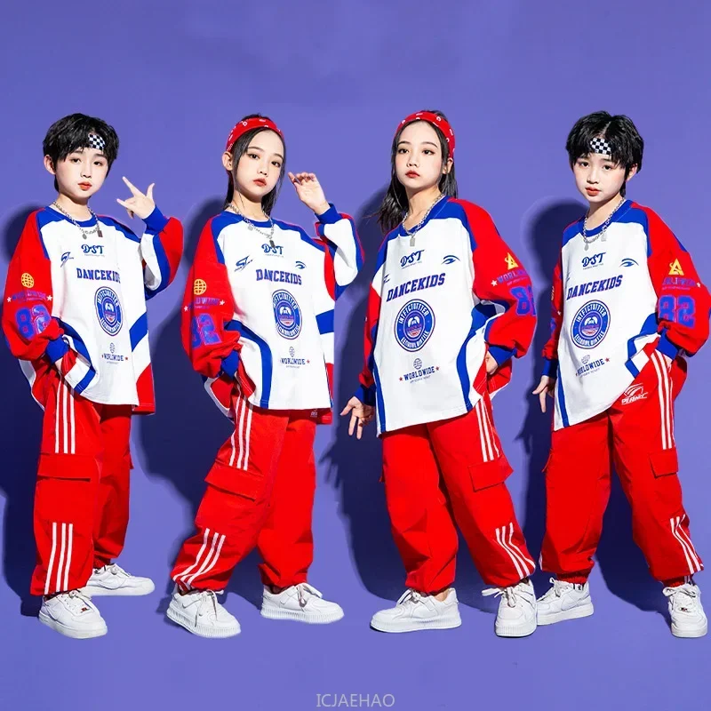 

Children's Jazz Hip Hop Dance Costumes Boys Girls T-shirt Cargo Pant Tracksuit for Kids Tees Streetwear Hip Hop Sports Teenage