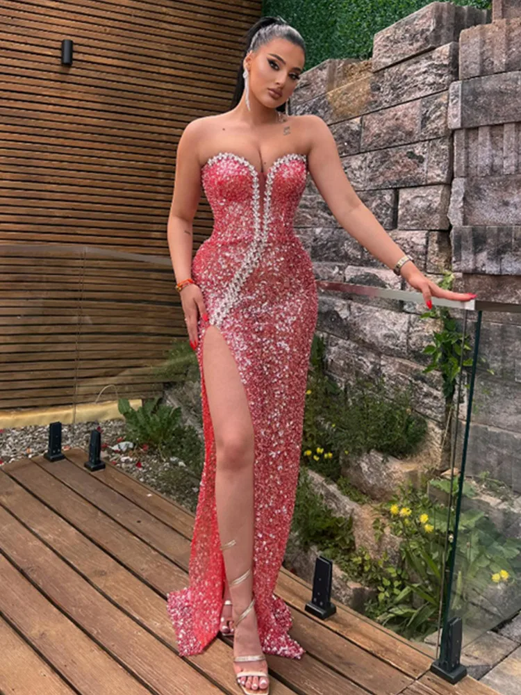 Women Sexy Strapless Backless Diamonds Sequins Maxi Long Bodycon Dress 2024 Elegant Party Evening Stage Performance Vestido