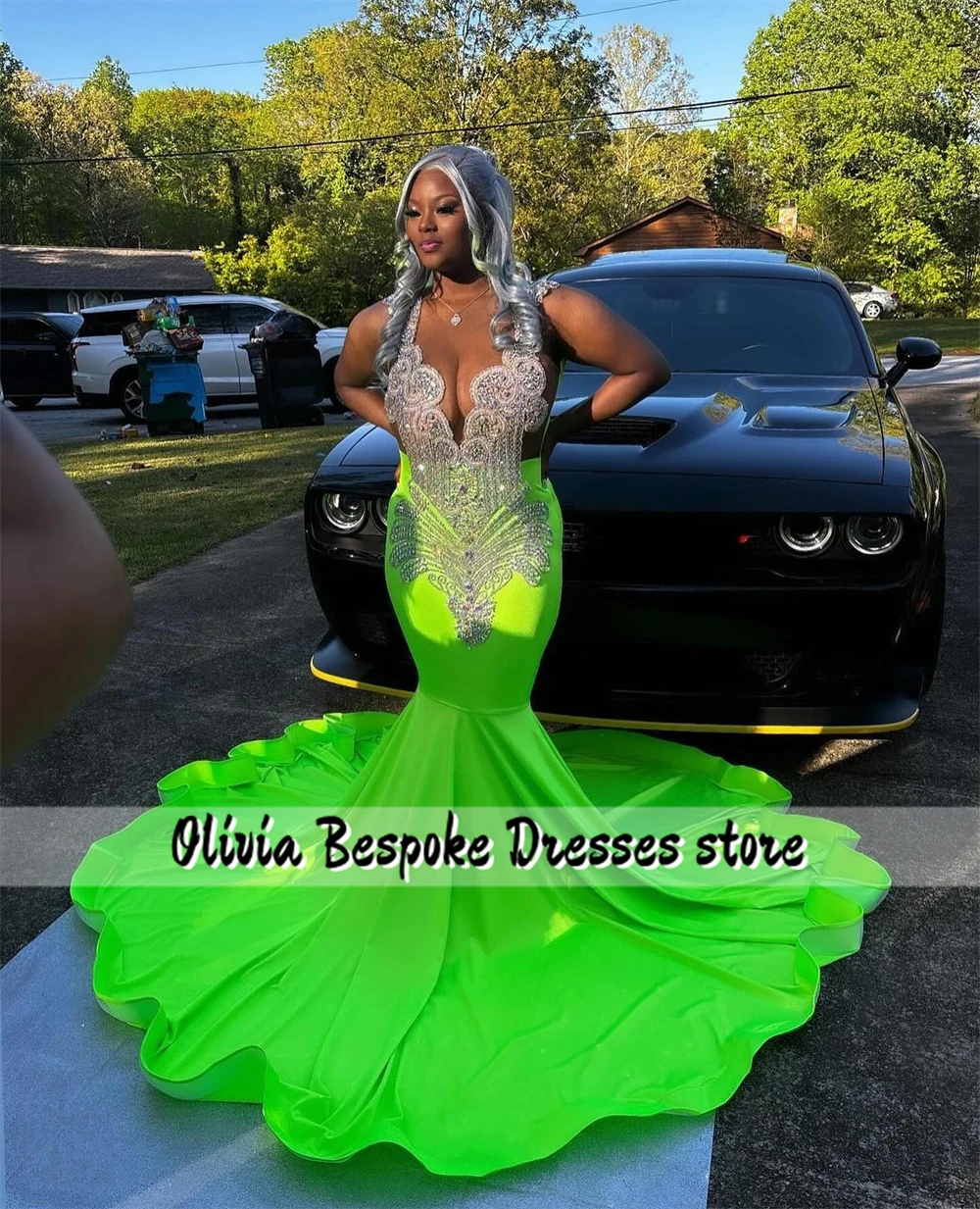 Fluorescent Green Luxury Prom Dresses 2025 Silvery Crystal Beading Mermaid Formal Gowns Black Girls Birthday Dress Customized