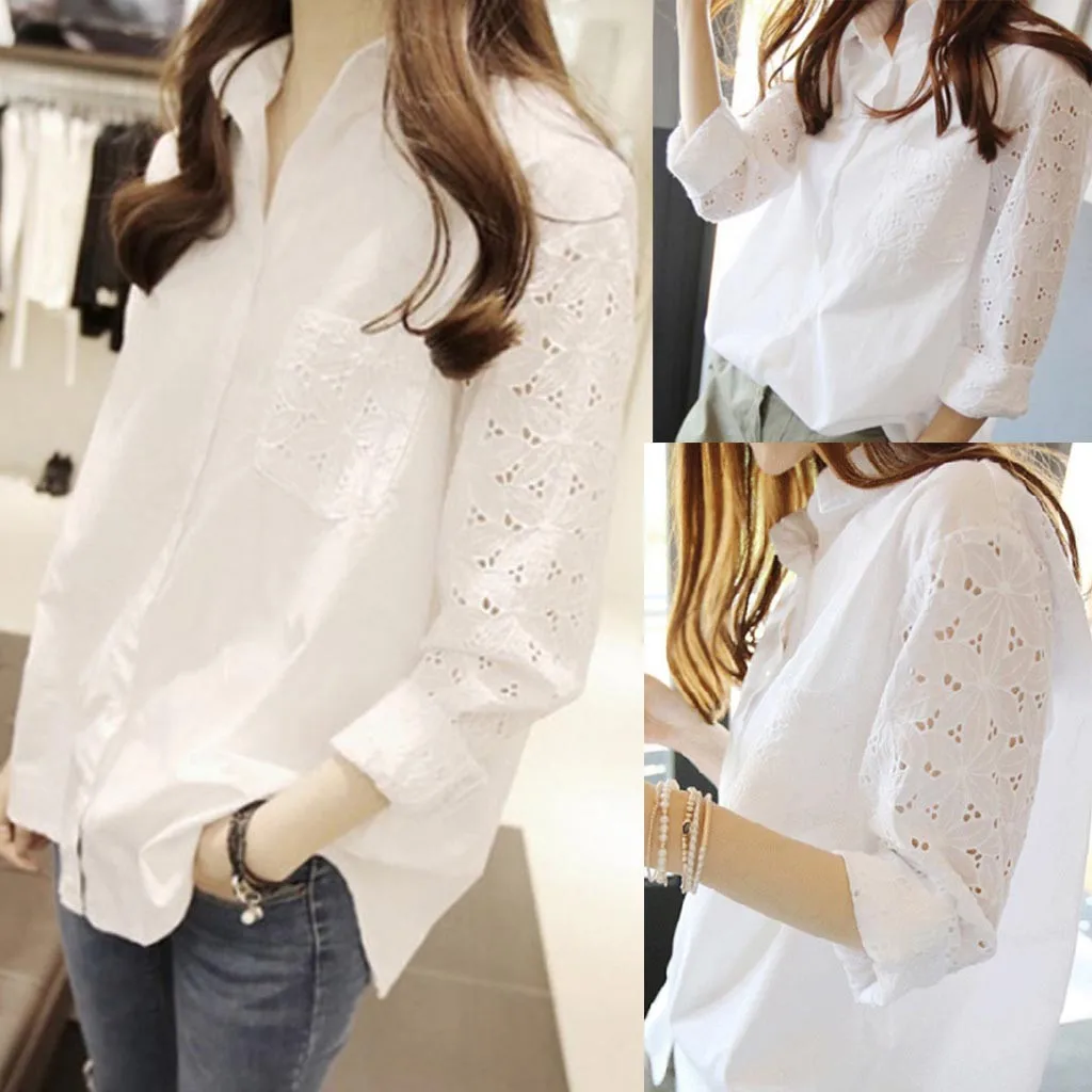 Fashion Women Business Embroidered Blouse 2024 Summer New Causal Solid Lapel Single-breasted Long Sleeve Hollow Out Shirt White