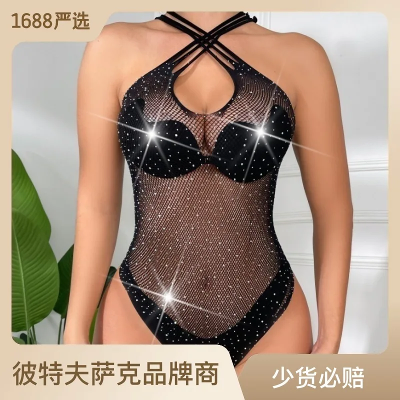 Cross-border sparkling rhinestone hip skirt one-piece sexy netting