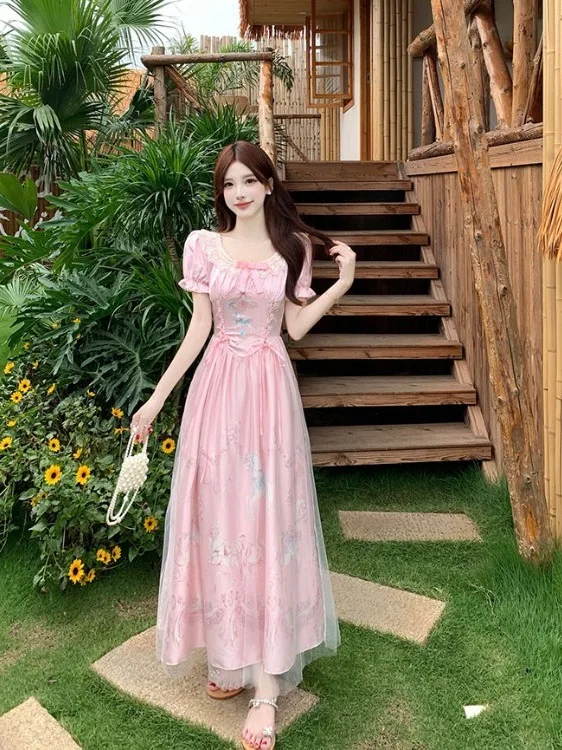 

Sweet Style Large Size Women's Dress with Belt Square Collar Long Skirt Conceal Belly Summer New Fashion Slimming Effect
