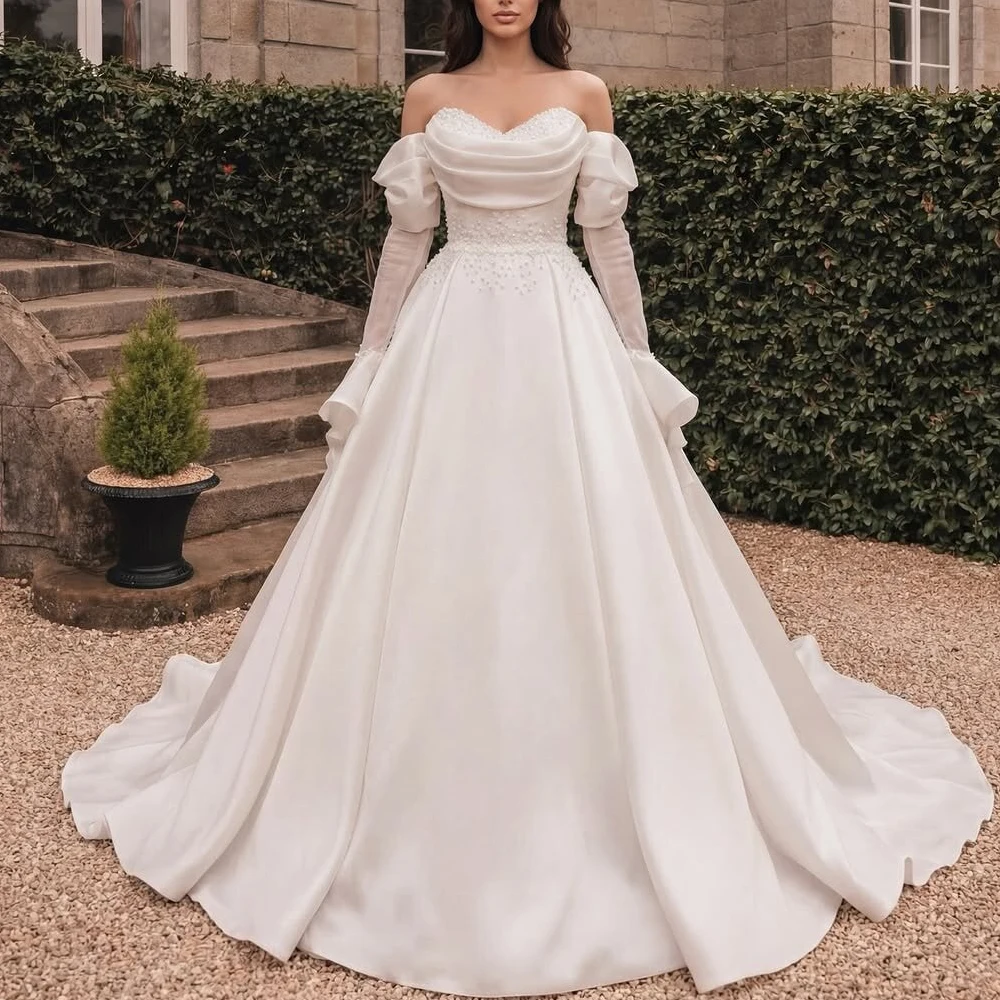 

Customized Sweetheart Wedding Dress Off the Shoulder Pearls Bridal Gown A Line Satin Courthouse vestidos de novia