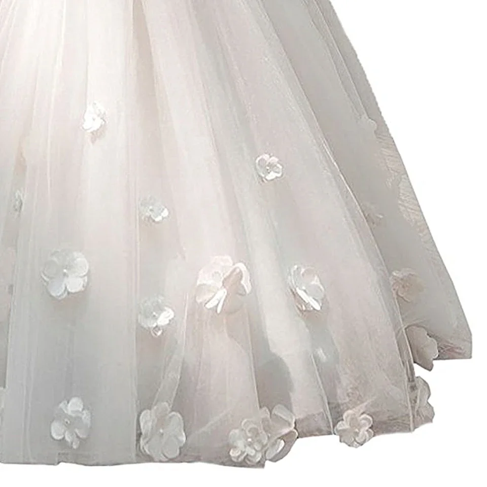 Vestidos de flores para niña, Apliques de encaje para fiesta de boda, hombros descubiertos, media manga, tul, vestidos de primera comunión de princesa infantil