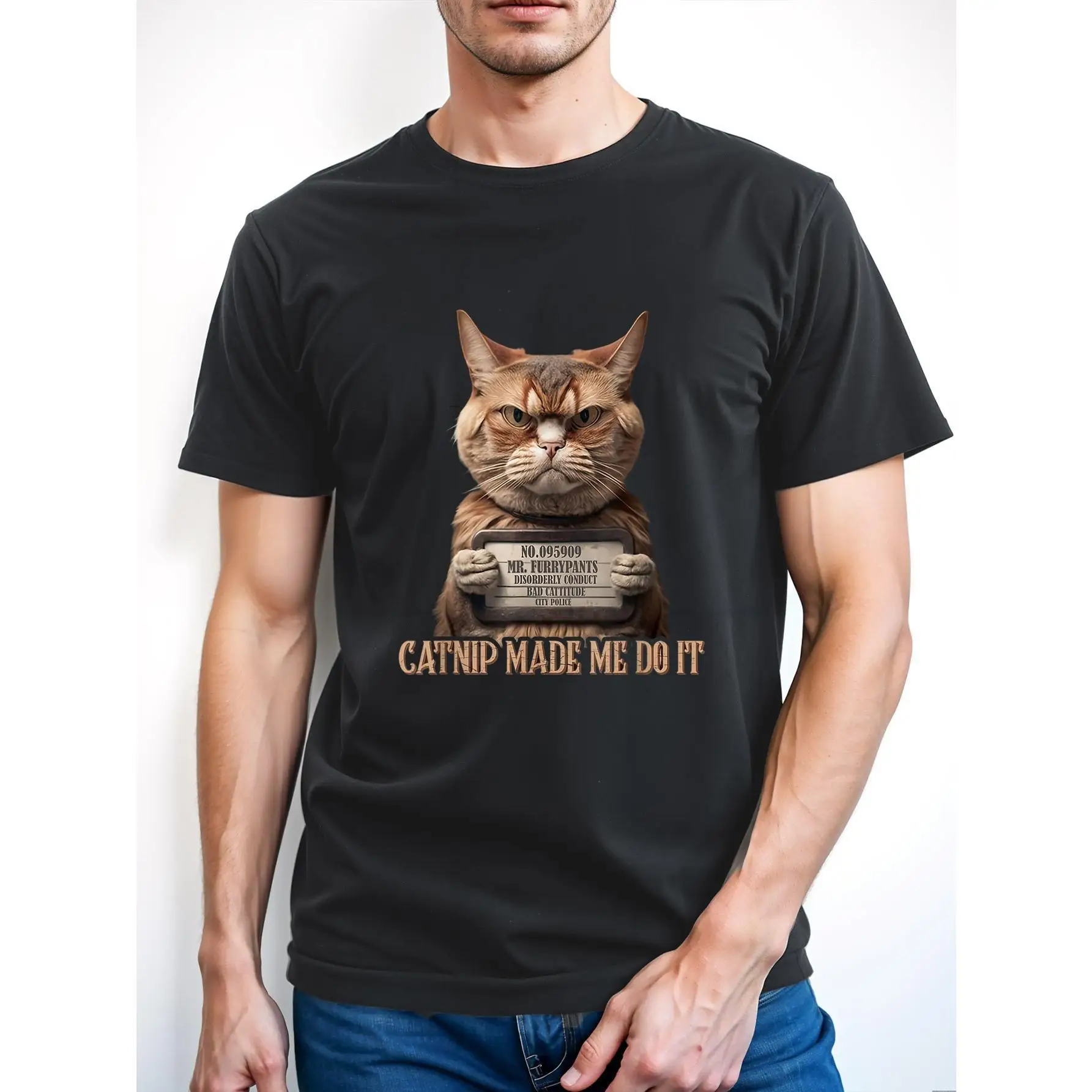 

Funny Cat T-shirt Catnip Made Me Do It Mugshot Print Humorous Pet Lover Graphic Tee Streetwear Casual Top