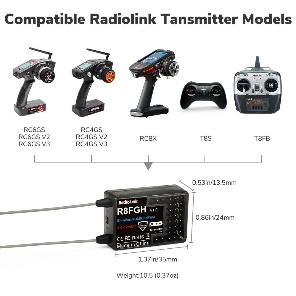 Radiolink r8fgh giroscópio receptor 2.4g 8 canais telemetria tensão do veículo até 14s 58.8v para rc carro barco cortador máquina robô