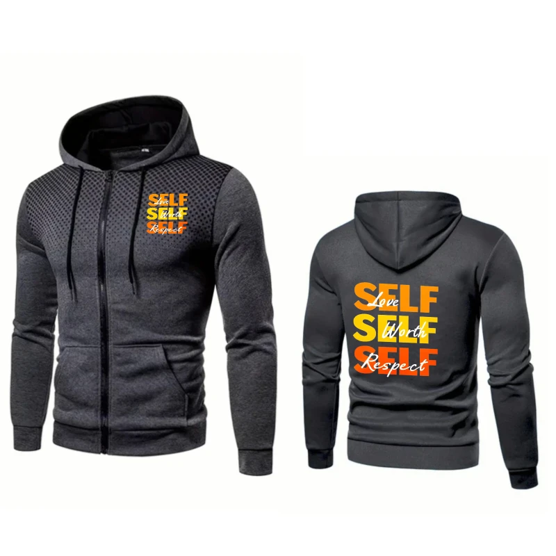 سترة رجالية بغطاء للرأس باللون الأزرق بنمط مطبوع عليه الحب الذاتي بسحاب للارتداء الكاجوال والملابس اليومية