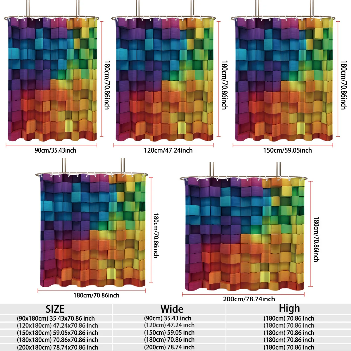 Vibrant Gradient Rainbow 3D Wooden Square Cube Blocks Geometric Pattern Bath curtain, Cozy Soft Warm 