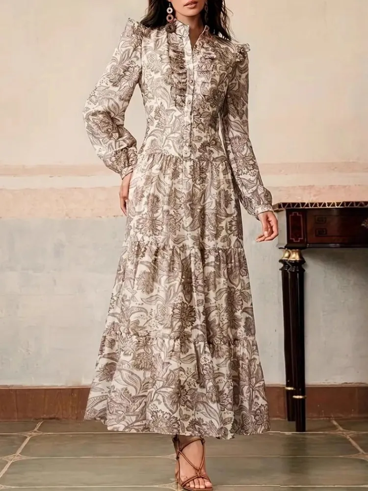 Spring Autumn Fashion Print Retro Party Dresses Women Sexy Single Breasted Lapel Shirt Dress Casual Long Sleeve Boho Dress